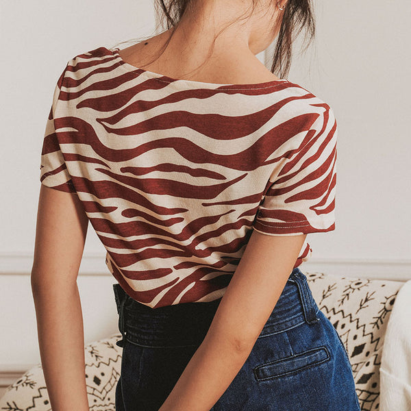 Red stripe round neck women T-shirt