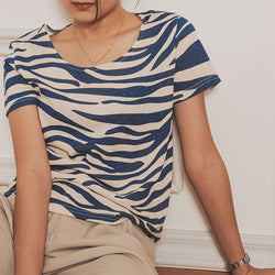 Blue stripe round neck women T-shirt