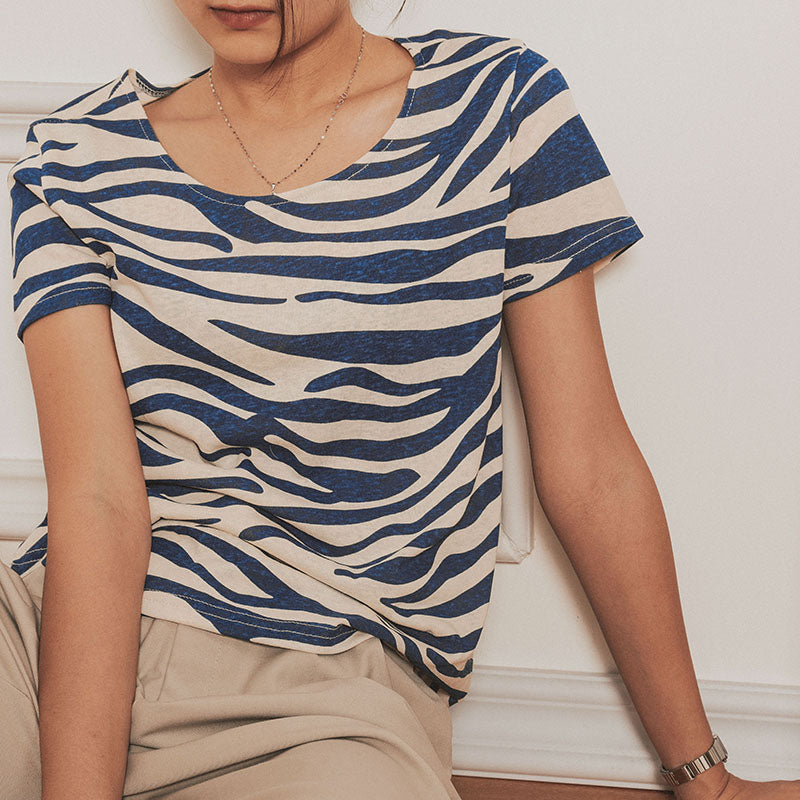 Blue stripe round neck women T-shirt