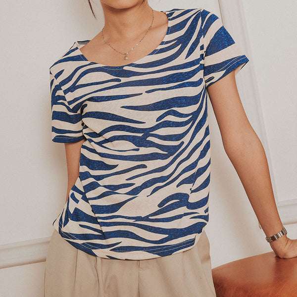 Blue stripe round neck women T-shirt