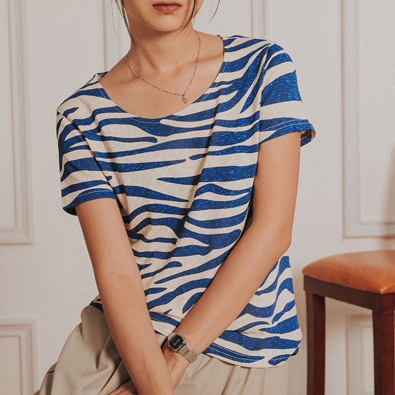 Blue stripe round neck women T-shirt