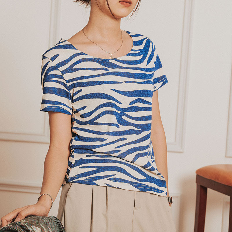 Blue stripe round neck women T-shirt