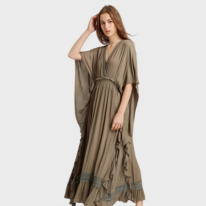 Hollow Out Lace Maxi Dress Batwing Sleeve