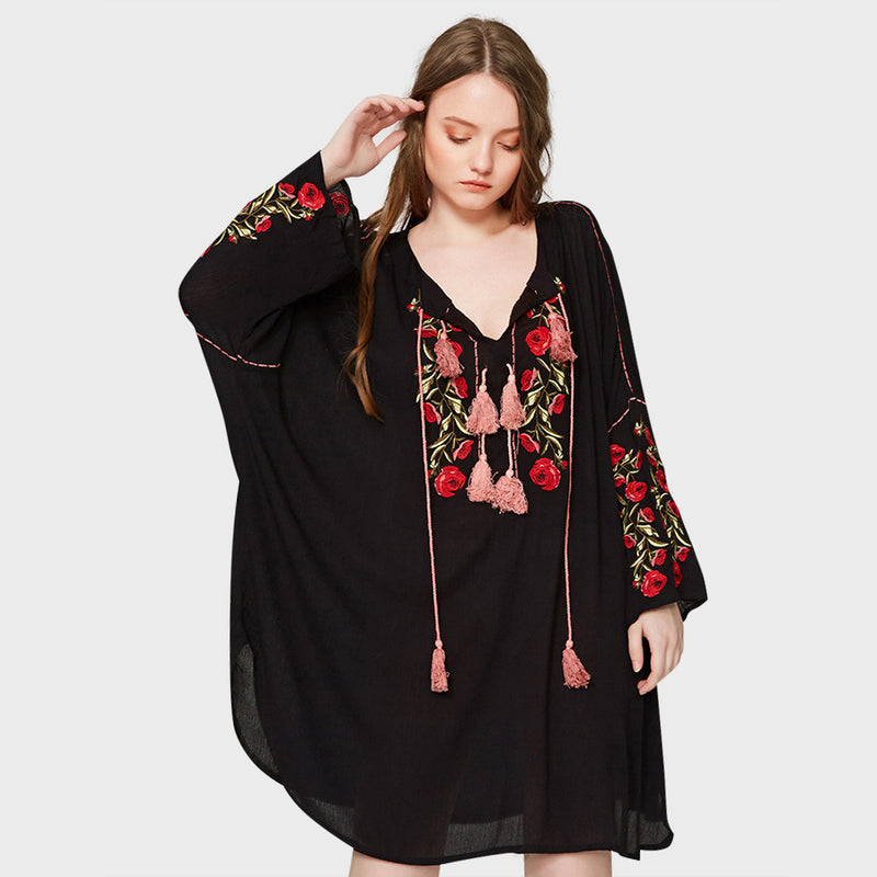 Boho Floral Embroidery Patchwork Women Mini Dress Ethnic