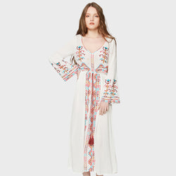 Ethnic Boho Embroidery Midi Maxi Dress Flare Sleeve
