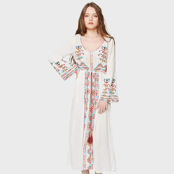 Ethnic Boho Embroidery Midi Maxi Dress Flare Sleeve