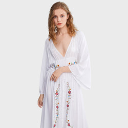 Boho Embroidery Flare Sleeve Women Maxi Dress
