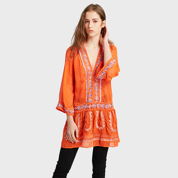 Semi Sheer Ethnic Embroidery Patchwork Blouse Shirt