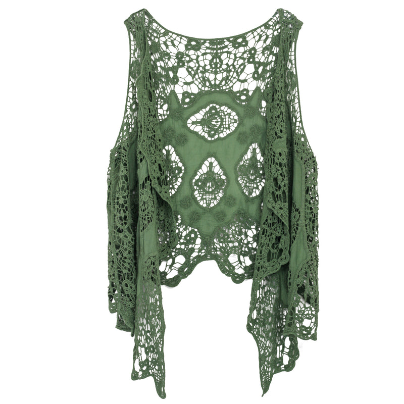 Hippie Froral Patch Crochet Cover Up Top Green