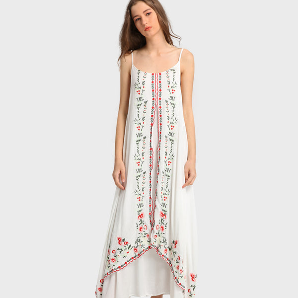 Boho Embroidery Asymmetrical Maxi Slip Dress