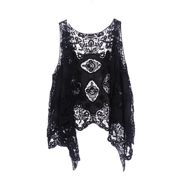Hippie Froral Patch Crochet Cover Up Top Black