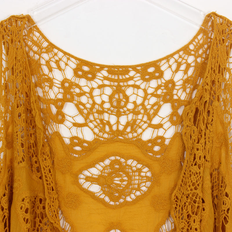 Hippie Froral Patch Crochet Cover Up Top Dark yellow