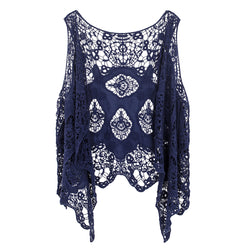 Hippie Froral Patch Crochet Cover Up Top navy