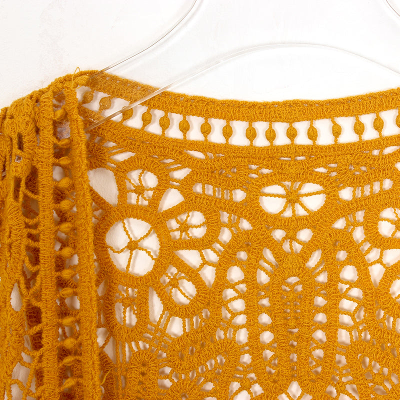 Asymmetric Open Stitch Crochet Knit Embroidery Cardigan Darkyellow