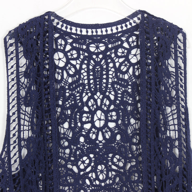 Asymmetric Open Stitch Crochet Knit Embroidery Cardigan Darkblue
