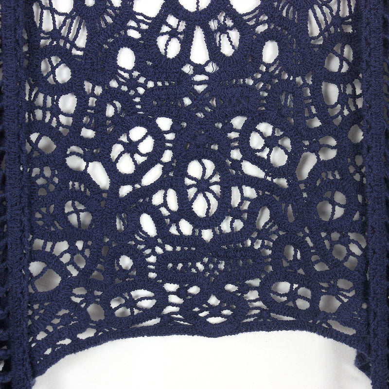 Asymmetric Open Stitch Crochet Knit Embroidery Cardigan Darkblue