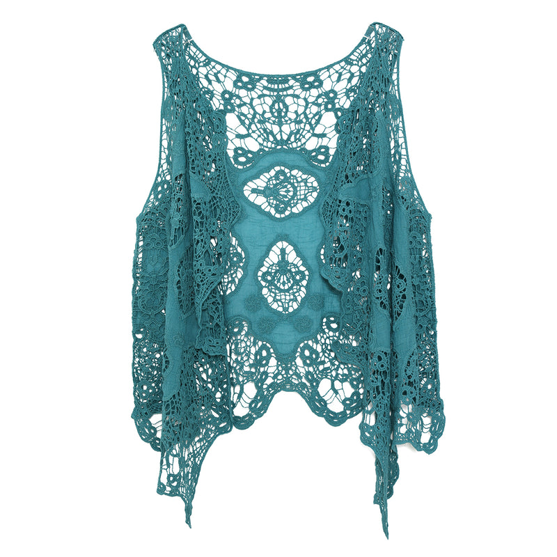 Hippie Froral Patch Crochet Cover Up Top Forestgreen
