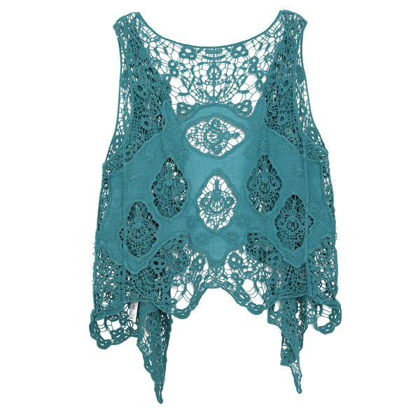 Hippie Froral Patch Crochet Cover Up Top Forestgreen