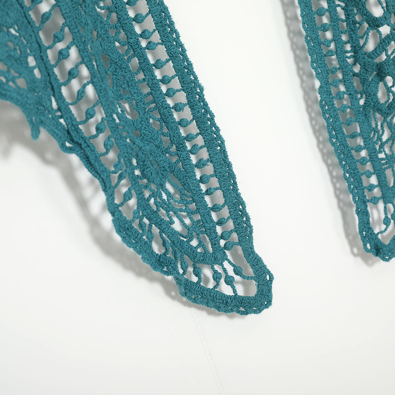 Asymmetric Open Stitch Crochet Knit Embroidery Cardigan Forest Green