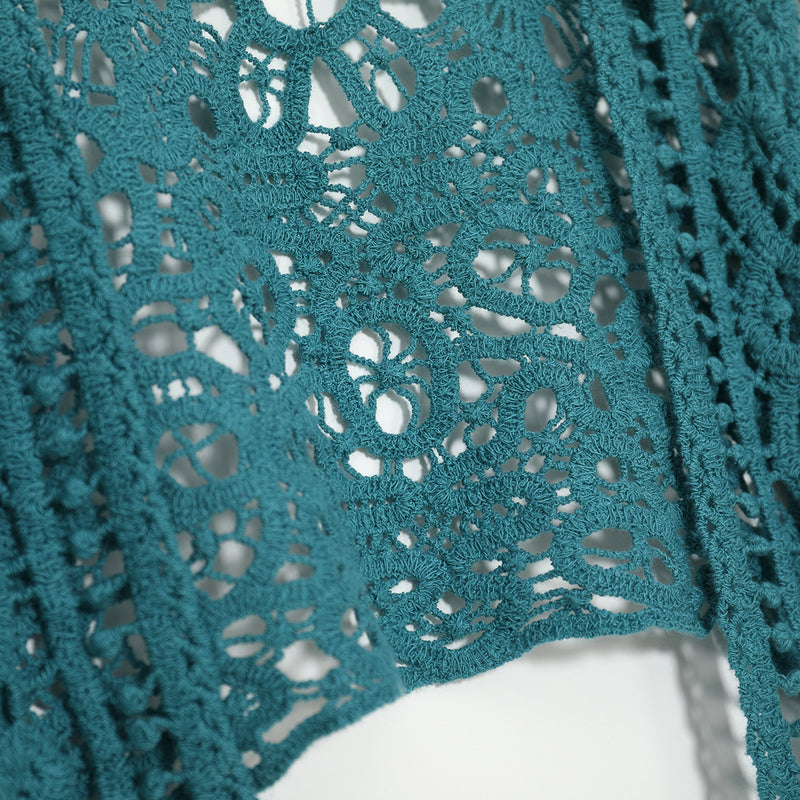 Asymmetric Open Stitch Crochet Knit Embroidery Cardigan Forest Green