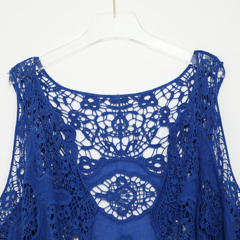 Hippie Froral Patch Crochet Cover Up Top Blue