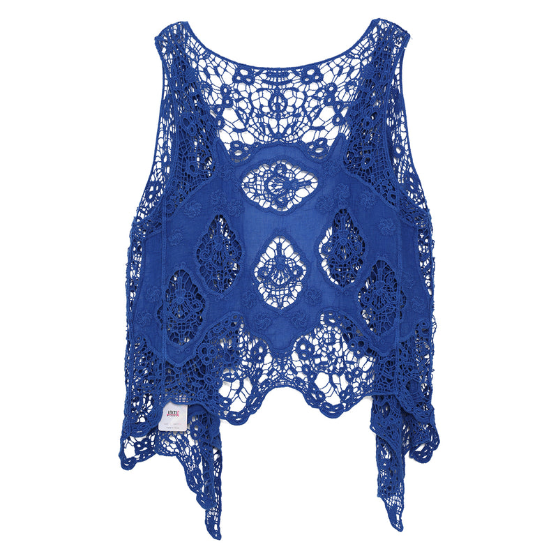Hippie Froral Patch Crochet Cover Up Top Blue