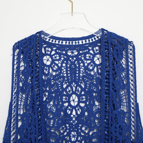 Asymmetric Open Stitch Crochet Knit Embroidery Cardigan Blue