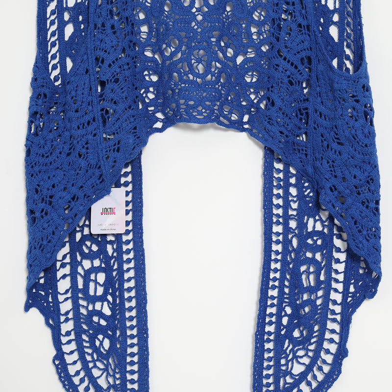 Asymmetric Open Stitch Crochet Knit Embroidery Cardigan Blue
