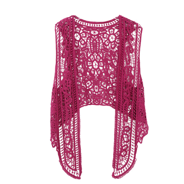 Asymmetric Open Stitch Crochet Knit Embroidery Cardigan Rosered