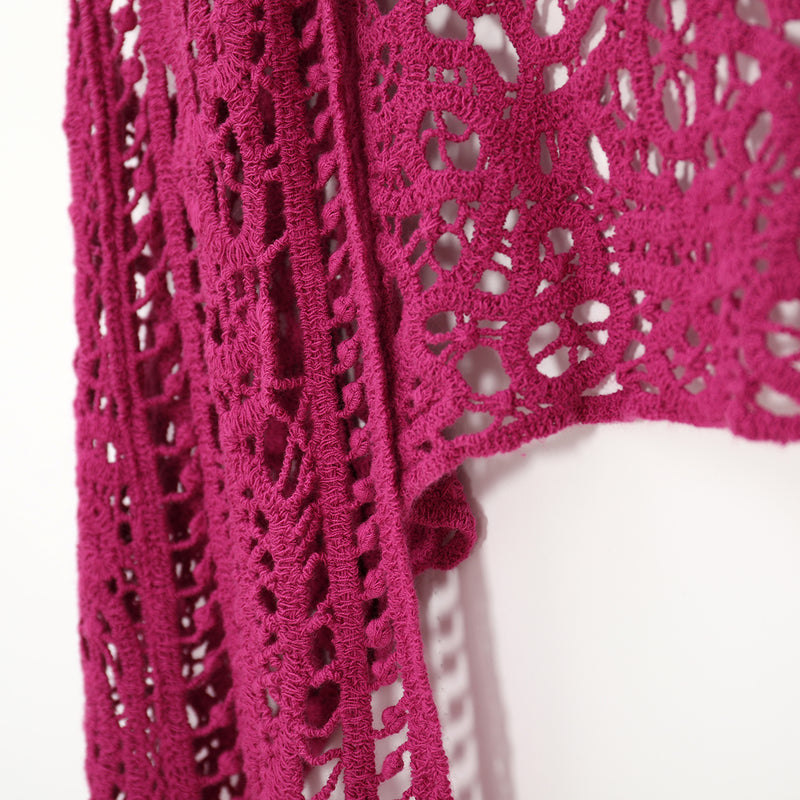Asymmetric Open Stitch Crochet Knit Embroidery Cardigan Rosered