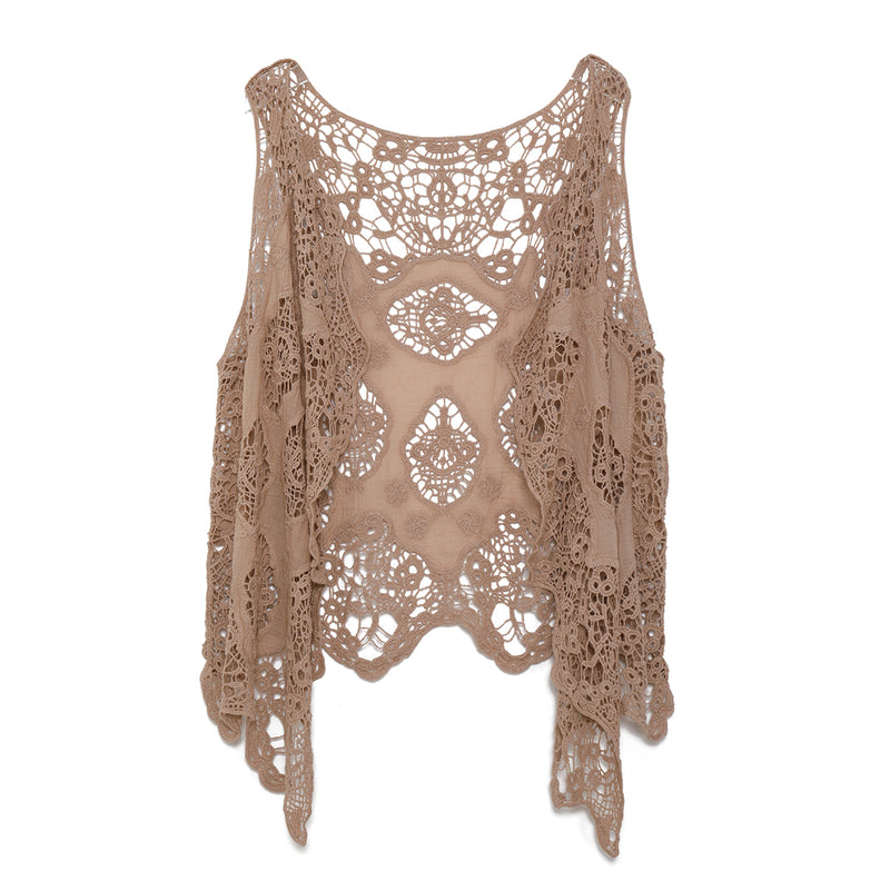 Hippie Froral Patch Crochet Cover Up Top Warm Taupe