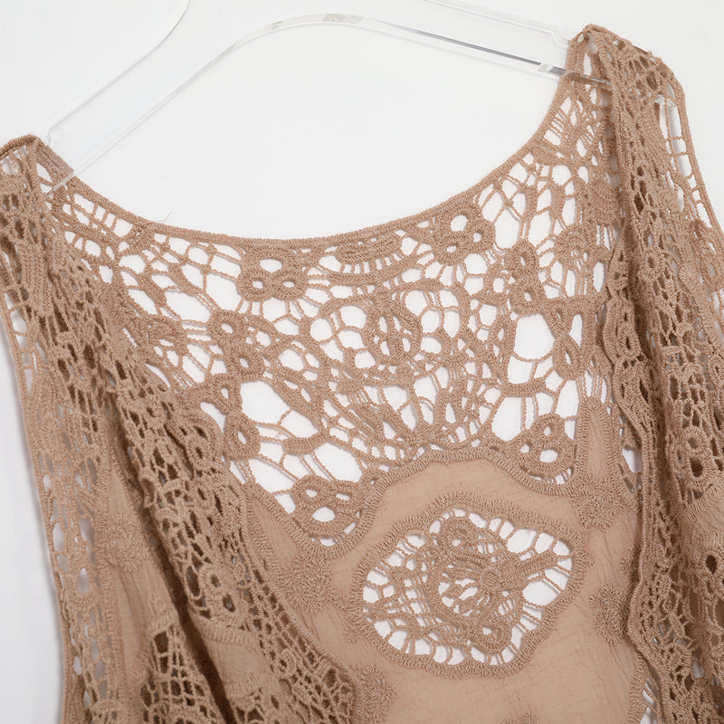 Hippie Froral Patch Crochet Cover Up Top Warm Taupe