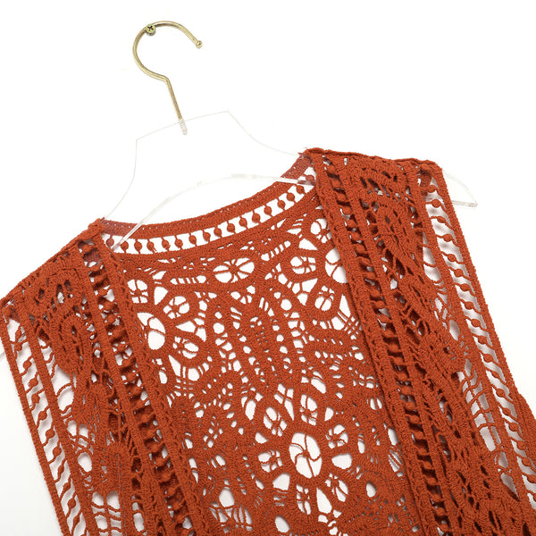 Asymmetric Open Stitch Crochet Knit Embroidery Cardigan Umber