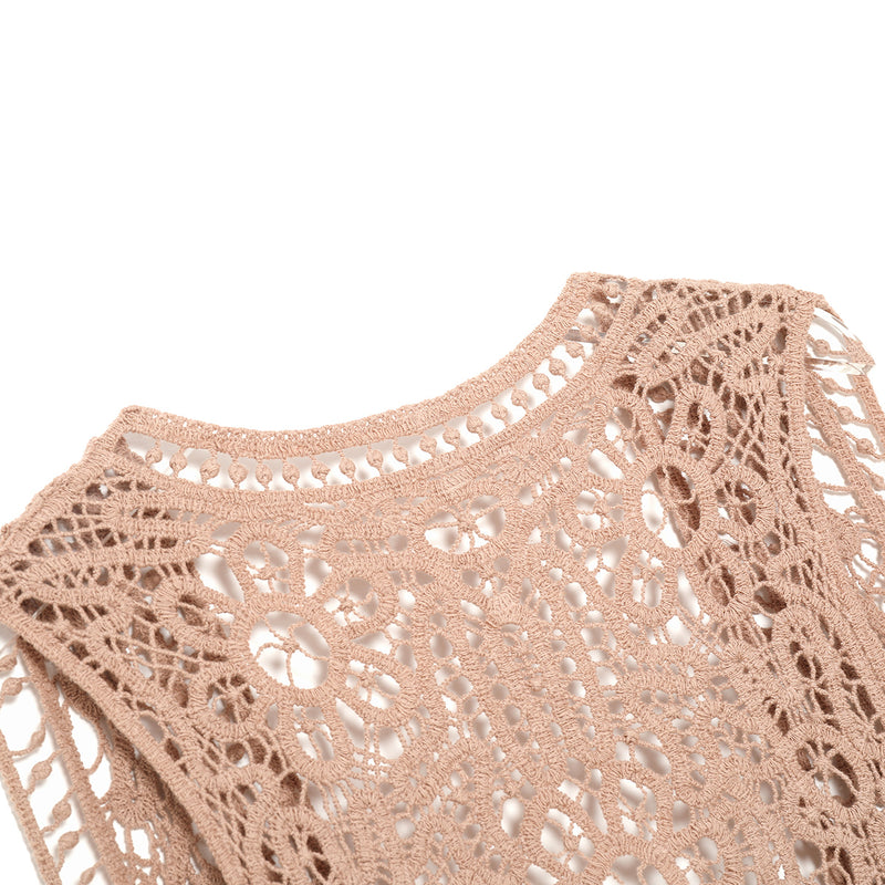 Asymmetric Open Stitch Crochet Knit Embroidery Cardigan Warm Taupe