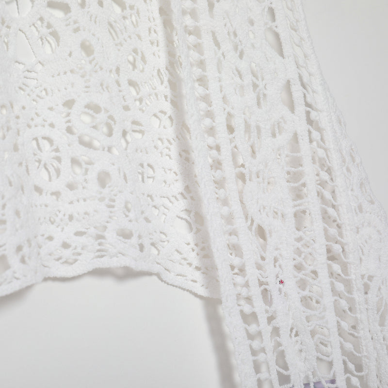 Asymmetric Open Stitch Crochet Knit Embroidery Cardigan White
