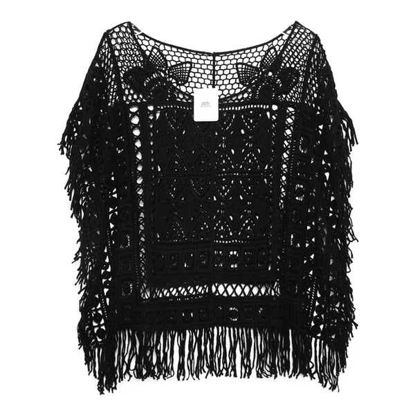 Hippie Cream Crochet Mysterious Black T-Shirt