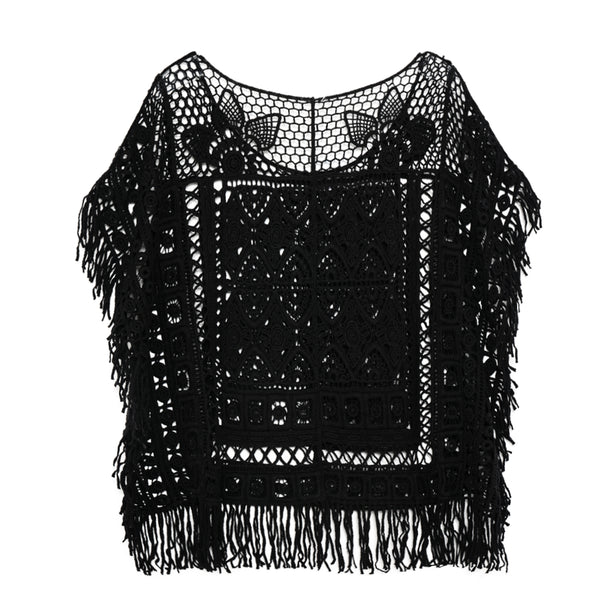 Hippie Cream Crochet Mysterious Black T-Shirt