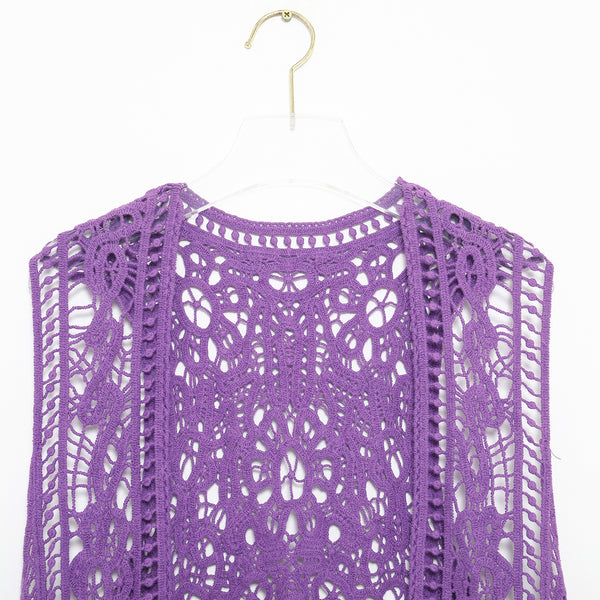 Asymmetric Open Stitch Crochet Knit Embroidery Cardigan Purple