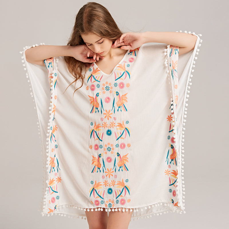Asymmetrical Batwing Sleeve Embroidery Midi Dress