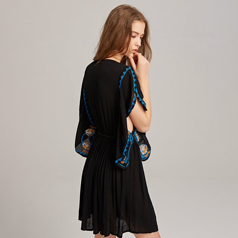 Ethnic Boho Embroidery Mini Dress Batwing Sleeve