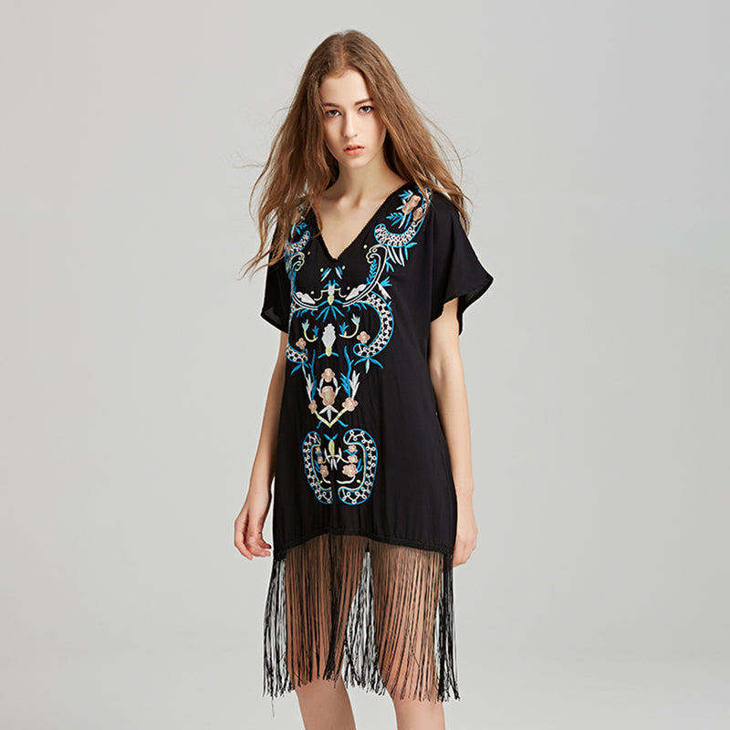 Boho Embroidery V Neck Tassel Mini Dress
