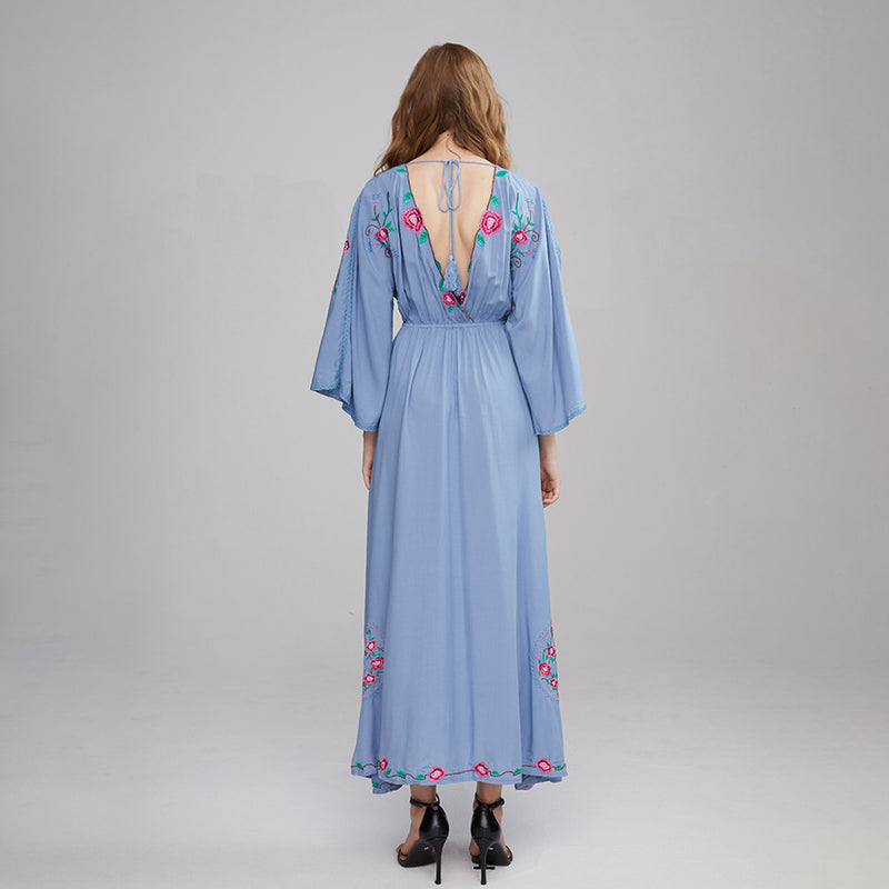 Boho Embroidery Women Maxi Dress Flare Sleeves
