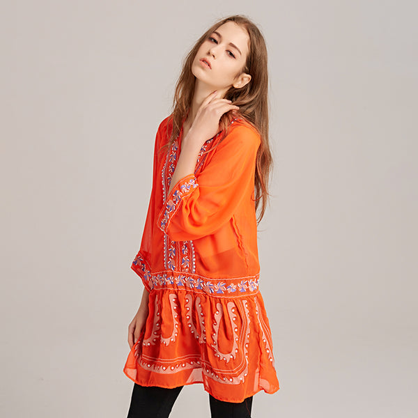 Semi Sheer Ethnic Embroidery Patchwork Blouse Shirt