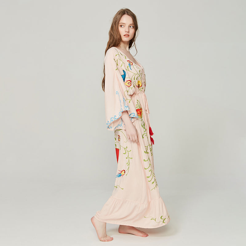 Boho Patchwork Embroidery Batwing Sleeve Maxi Dress