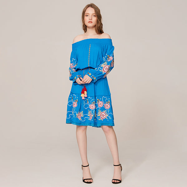 Boho Off Shoulder Embroidery Midi Dress