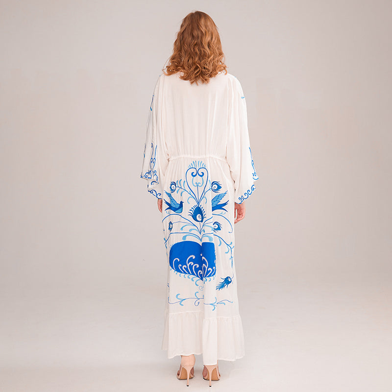Embroidered Women Maxi Dress V-Neck Batwing Sleeve White