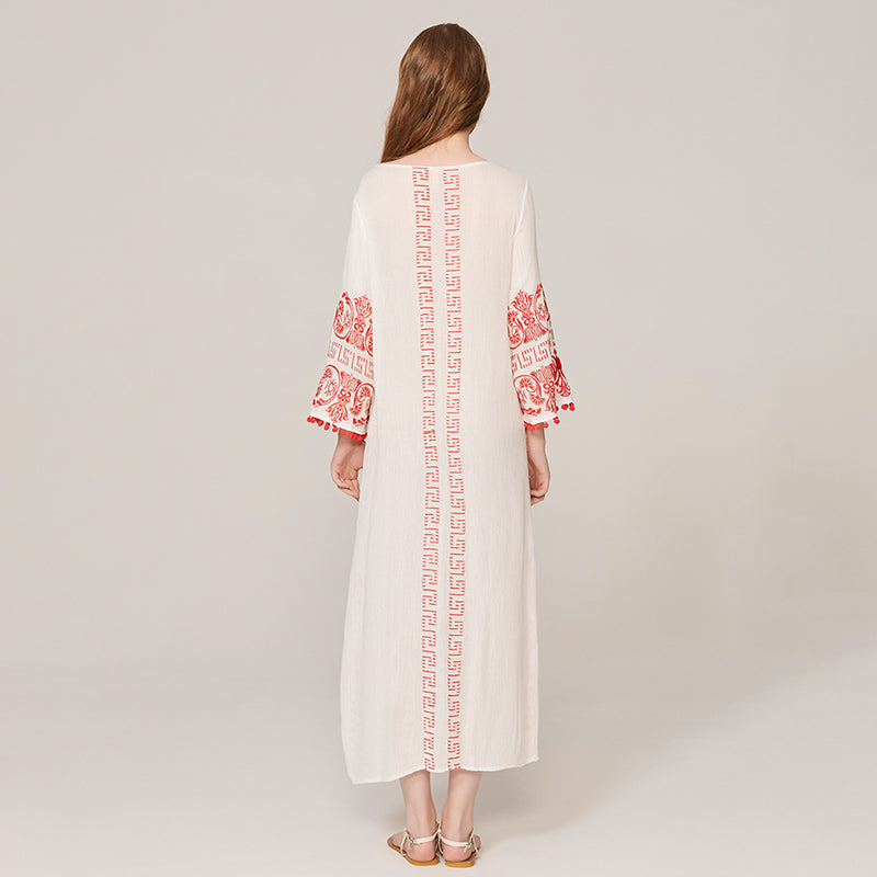 Ethnic Boho Embroidery Furcal Midi Dress