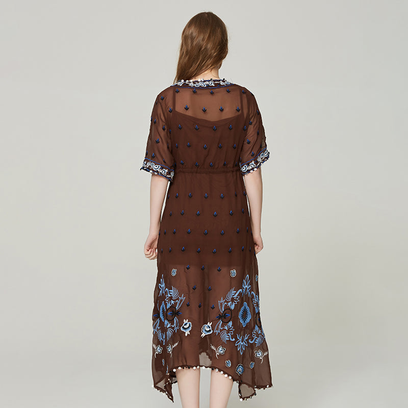 Semi Sheer Boho Embroidery Midi Dress