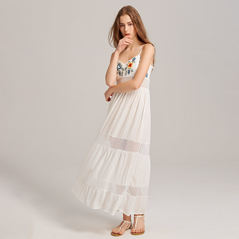 Hollow Out Patchwork Embroidery Maxi Slip Dress