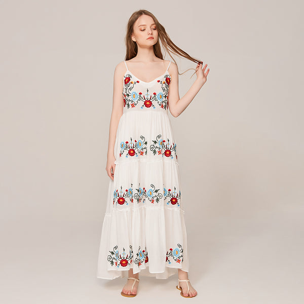 Boho Patchwork Floral Embroidery Maxi Slip Dress